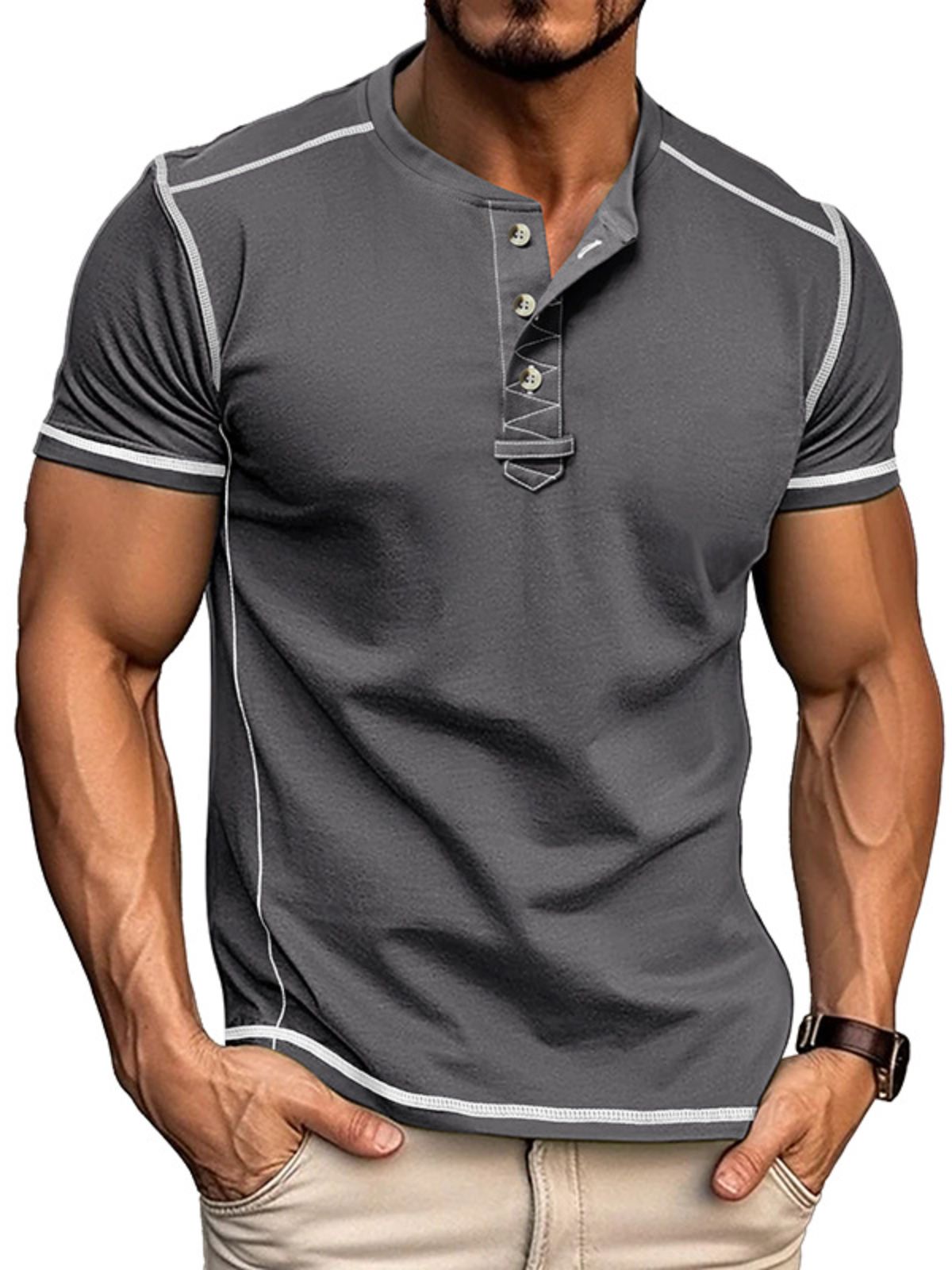 Men's Stylish Top-stitching Design Henley Cotton Crew Neck Top
