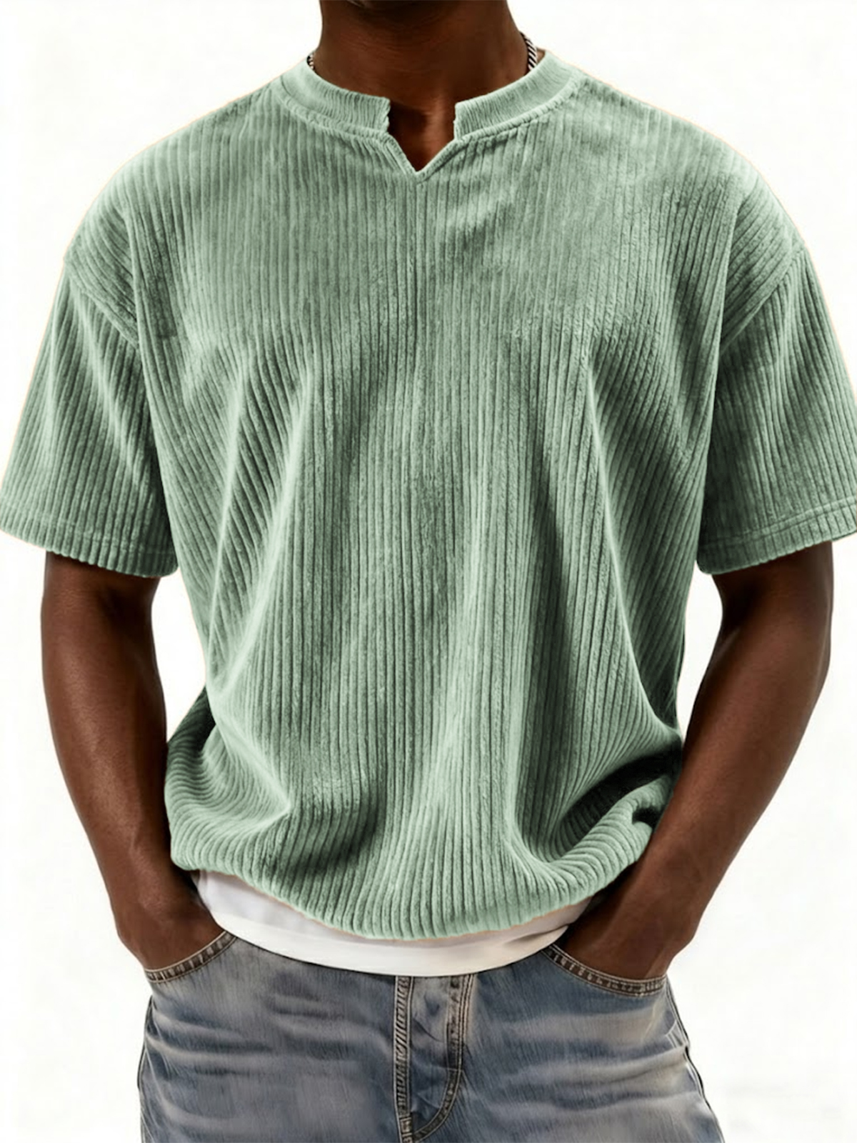 Retro Ribbed V-neck Casual Short-sleeved Top
