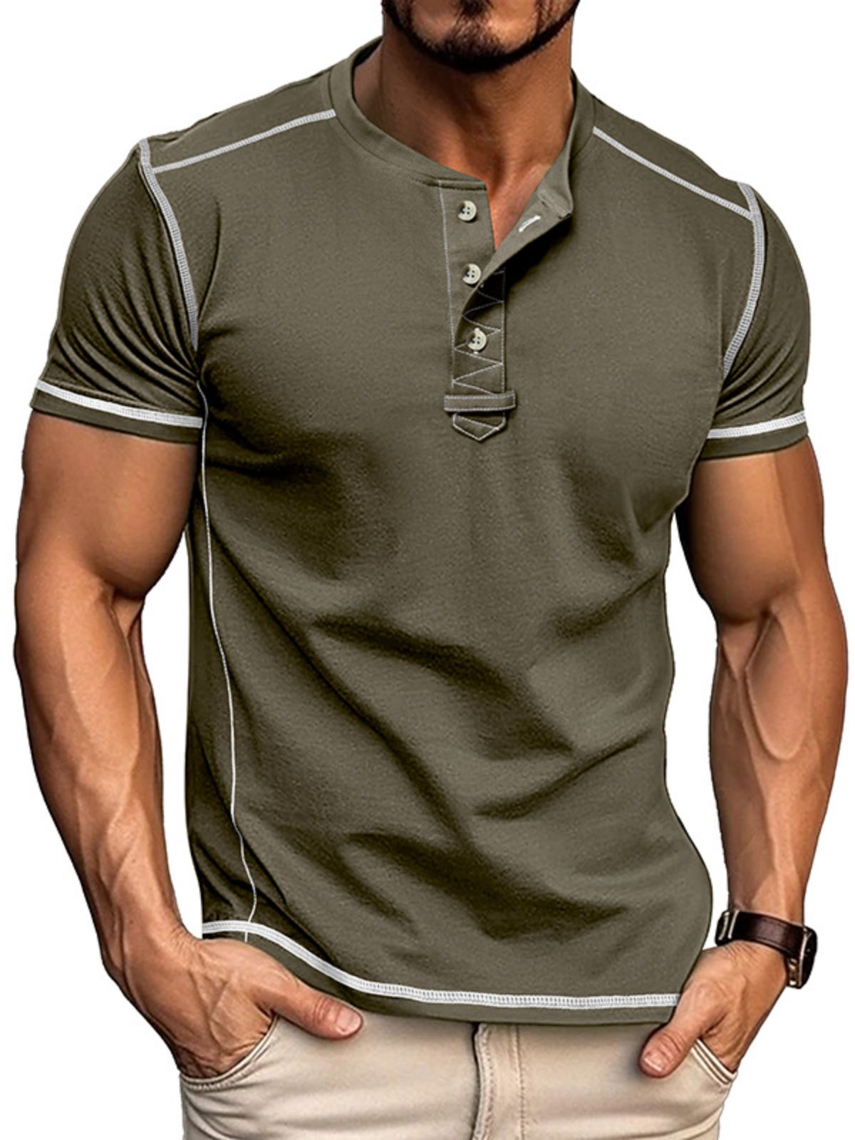 Men's Stylish Top-stitching Design Henley Cotton Crew Neck Top