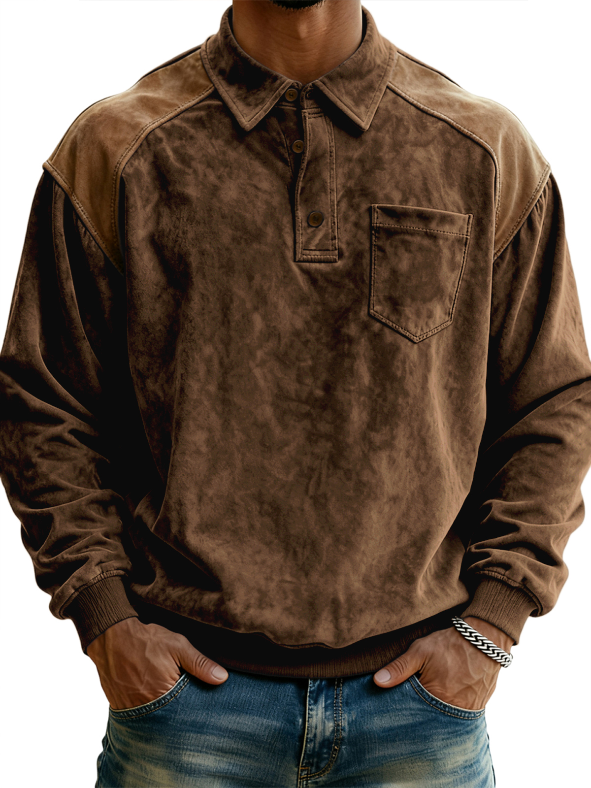 Men's Vintage Polo Sweatshirt with Contrast Suede Shoulders