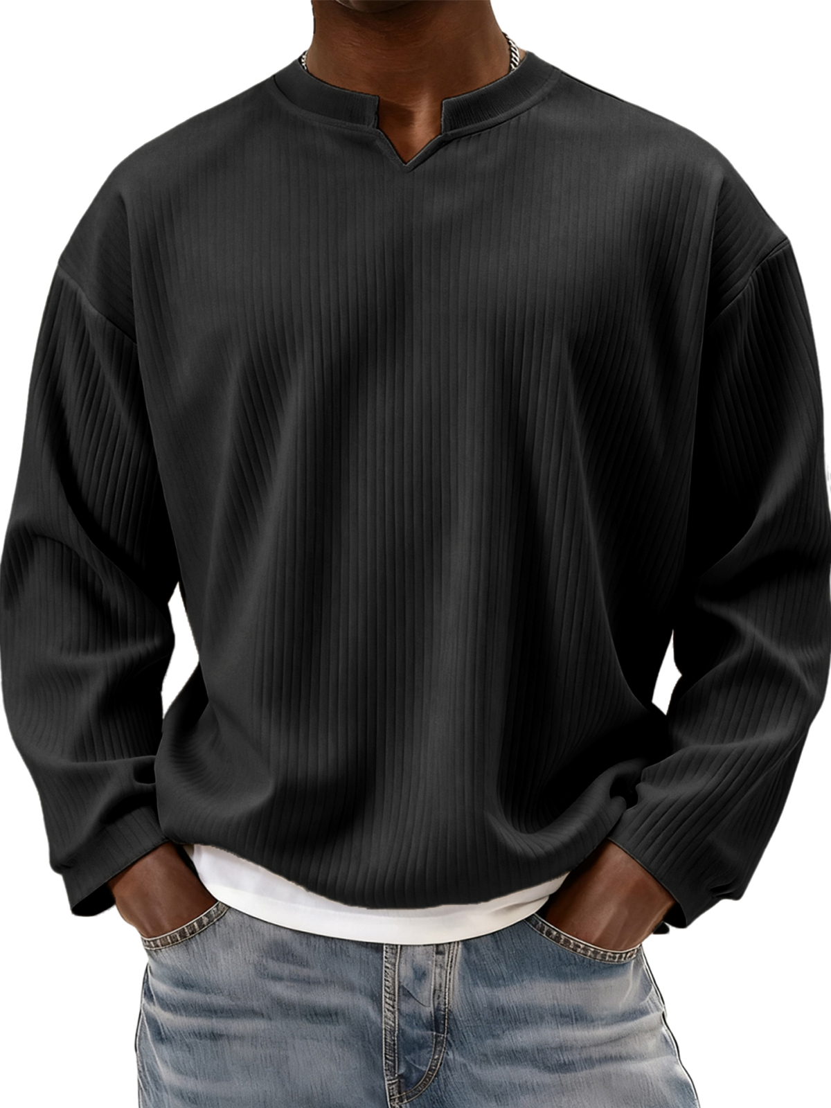 Stylish V-notch Neck Ribbed Textured Long-sleeved T-shirt