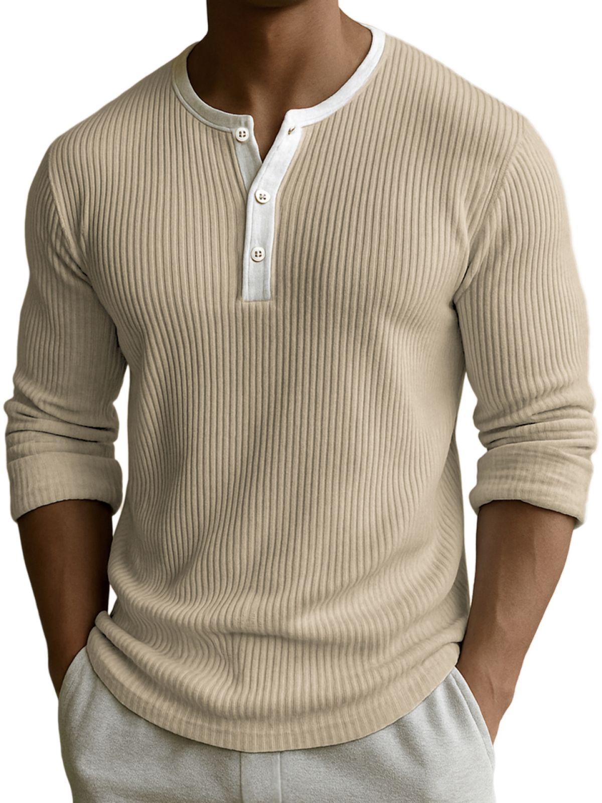 Men's Comfort Ribbed Texture Color-block Fittness Stylish Daily Henley Shirt