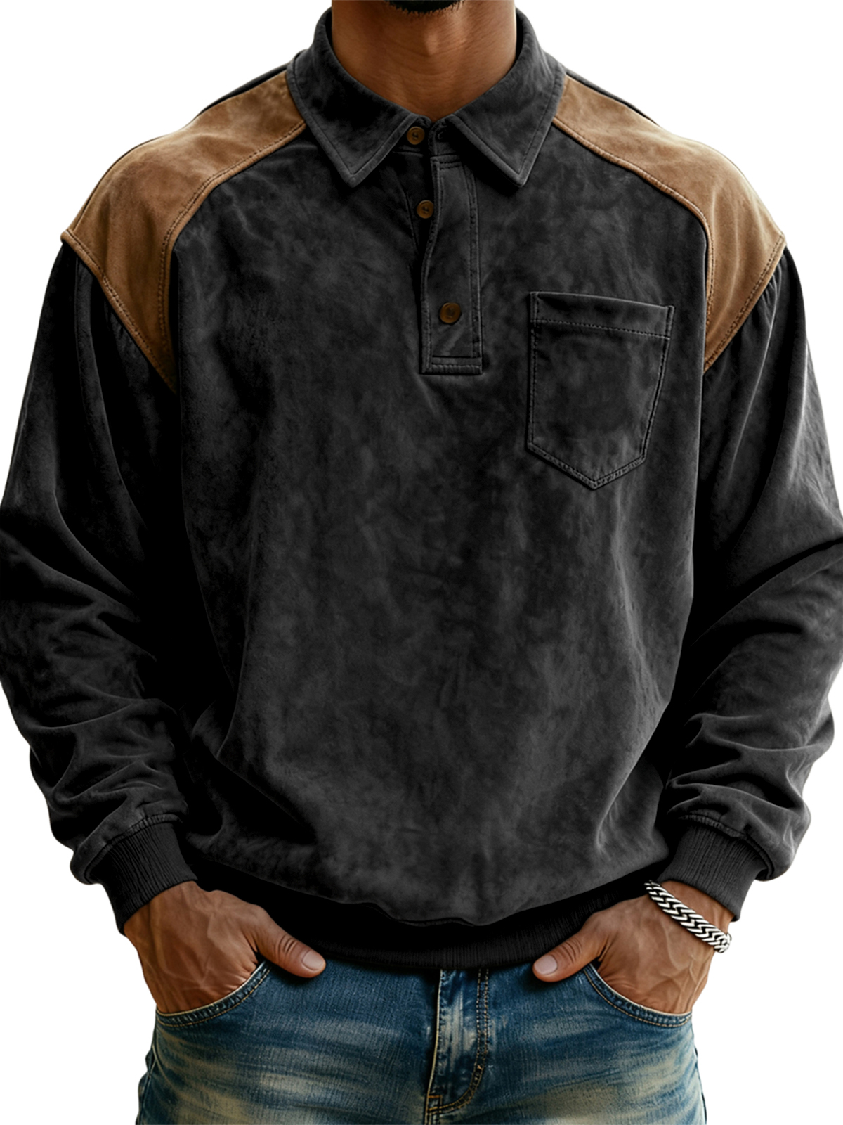 Men's Vintage Polo Sweatshirt with Contrast Suede Shoulders