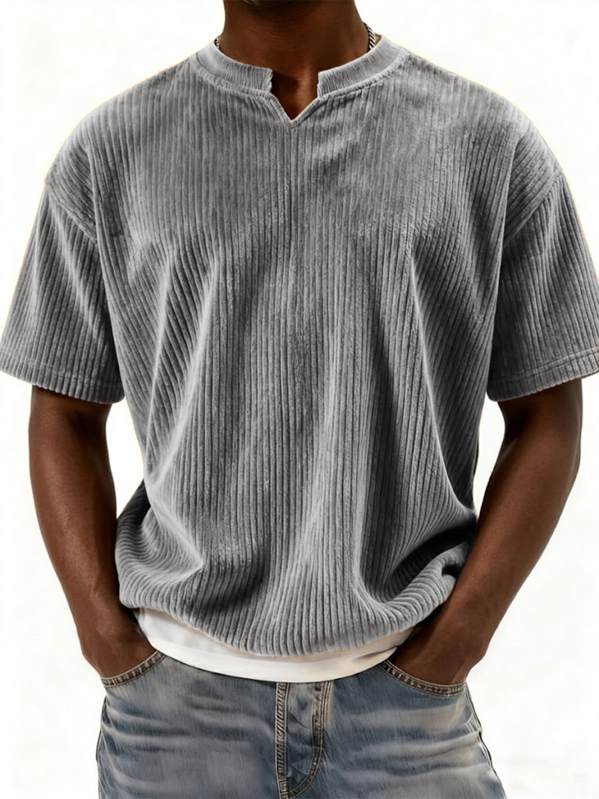 Retro Ribbed V-neck Casual Short-sleeved Top