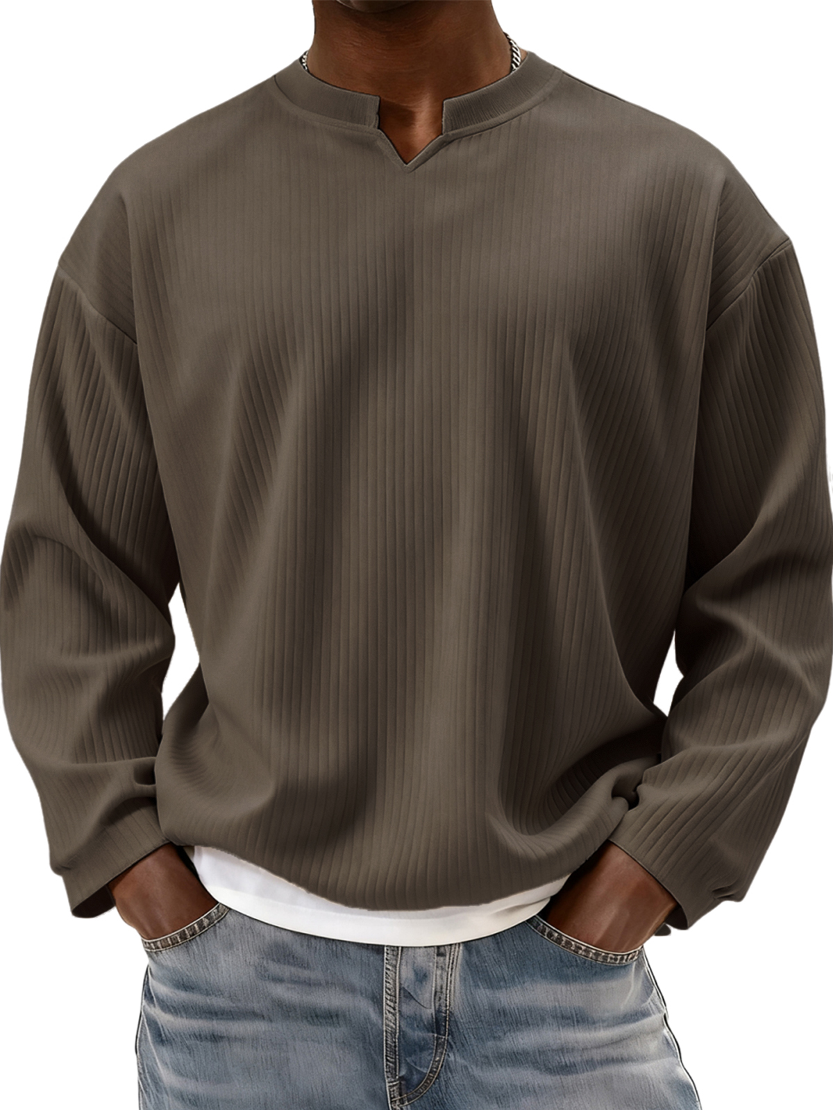 Stylish V-notch Neck Ribbed Textured Long-sleeved T-shirt