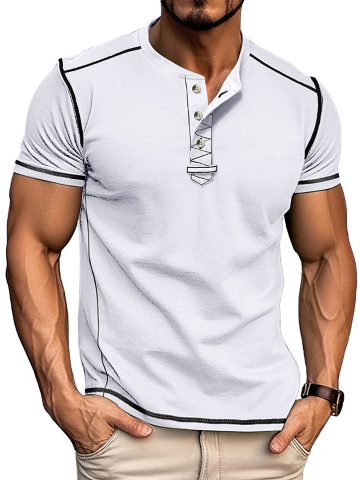 Men's Stylish Top-stitching Design Henley Cotton Crew Neck Top