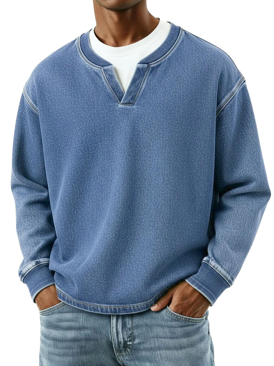 Men's Fashion Retro Distressed Faux Two-Piece Long-Sleeve Top