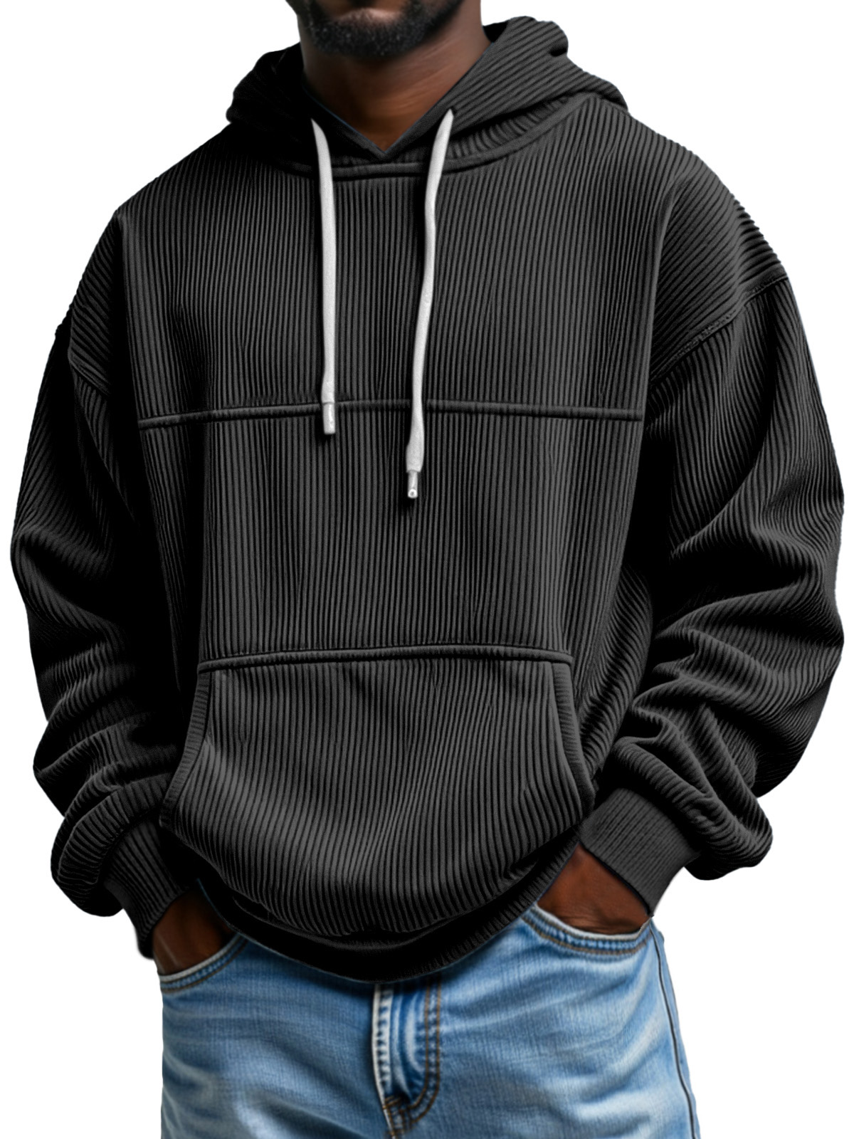 Men's Simple And Comfortable Vertical Pit Striped Loose Hooded Sweatshirt