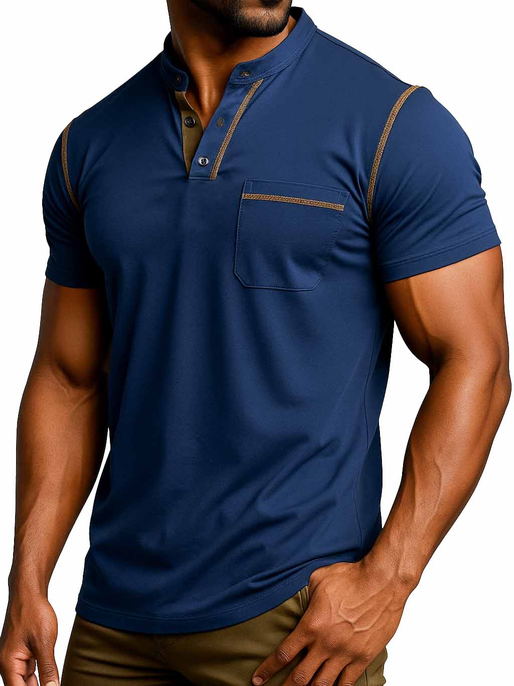 Men's Fashion Retro Outdoor Pure Cotton Patchwork Pocket Short-sleeved Henley Shirt