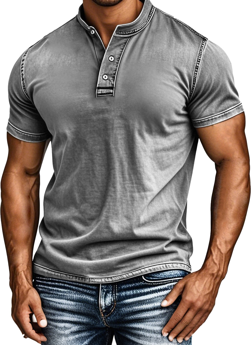 Men's Fashion Retro Distressed Lapel Short-sleeved Henley Shirt