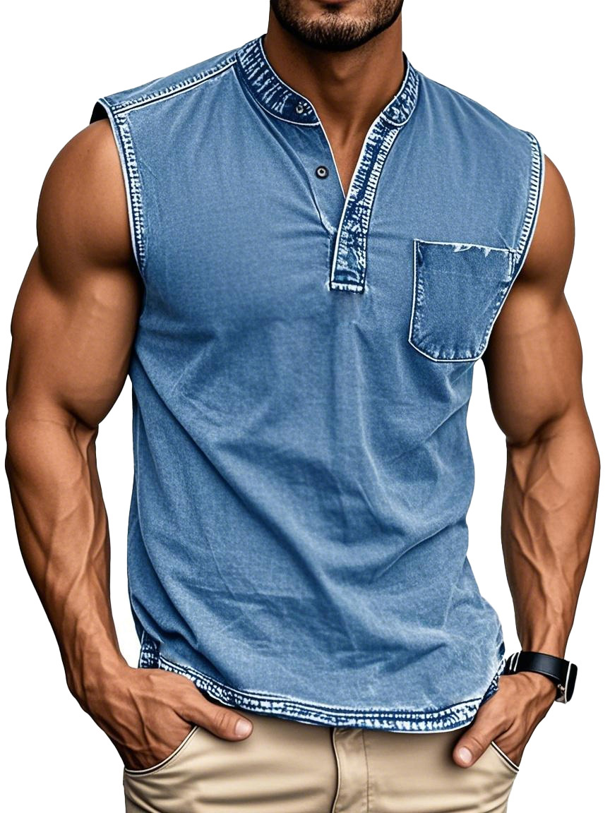 Men's Fashion Retro Distressed Stand-up Collar Pocket Sleeveless Henley Shirt