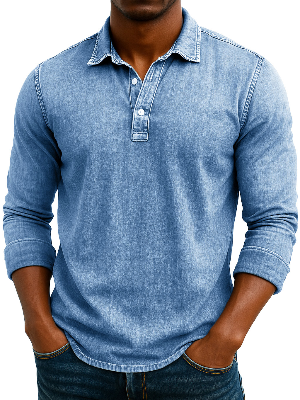 Men's Stylish Retro Washed And Distressed Lapel Long-sleeved Polo Shirt 