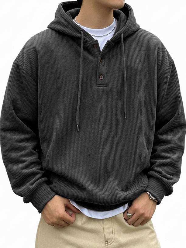 Men's Fashionable Casual Ribbed Fabric Long-Sleeved Hooded Top