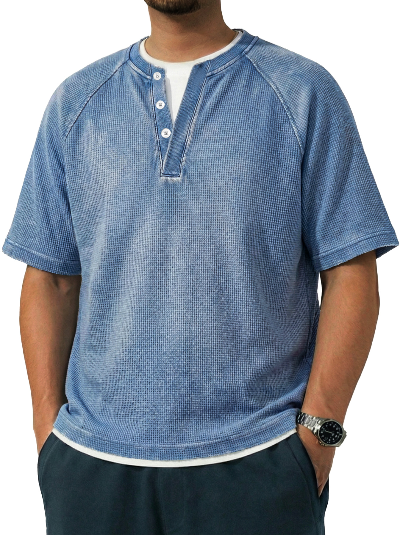 Men's Vintage Raglan Sleeve Pocket Casual Henley Shirt