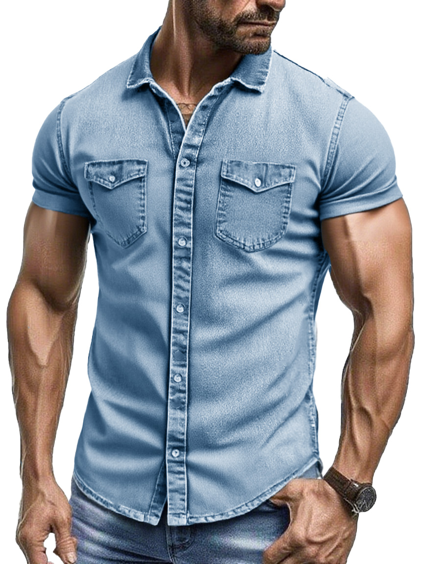  Men's Fashion Retro Workwear Outdoor Double Pocket Lapel Short-sleeved Shirt