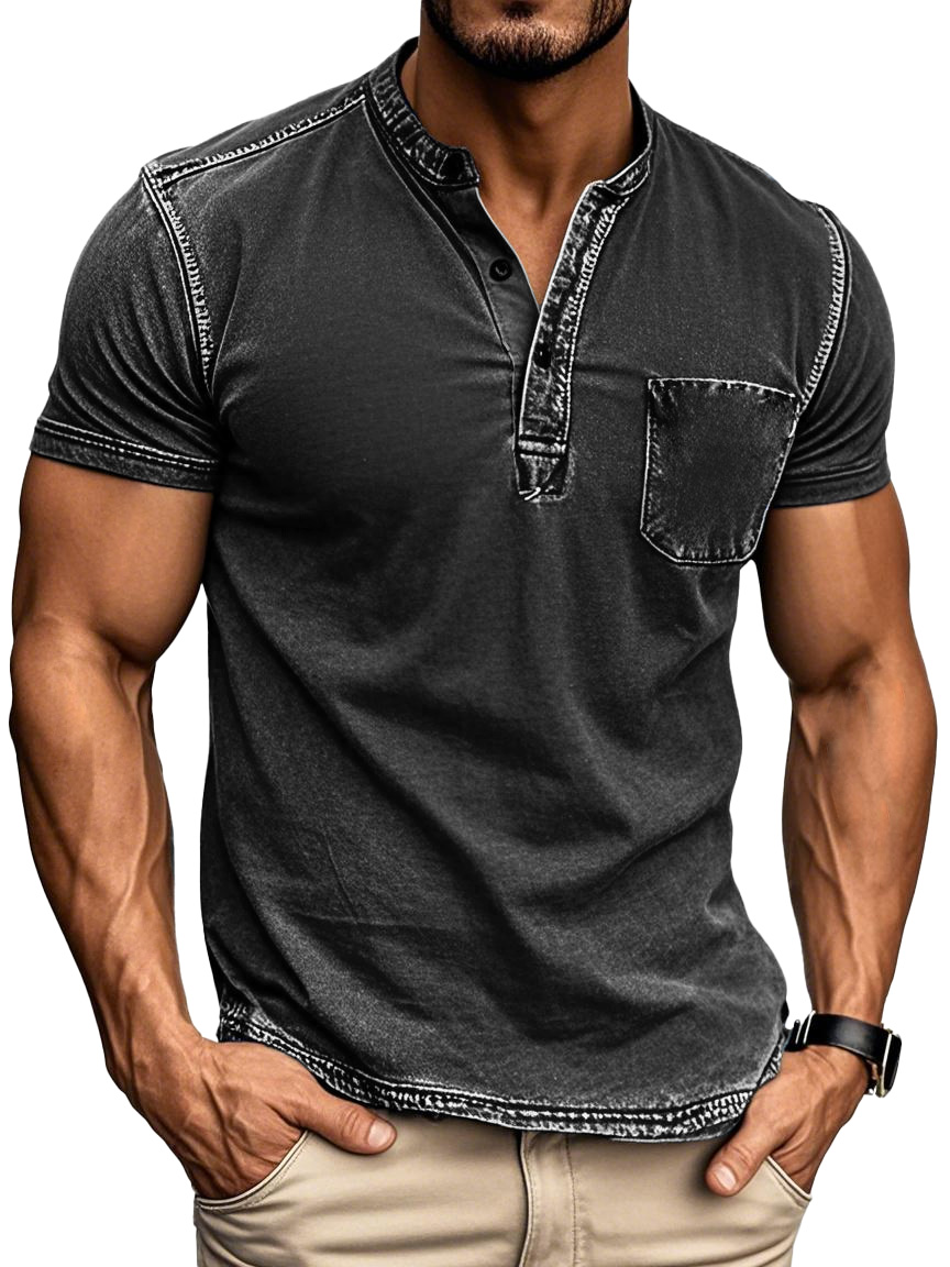 Men's Vintage Outdoor Distressed Short Sleeve Pocket Henley Shirt 