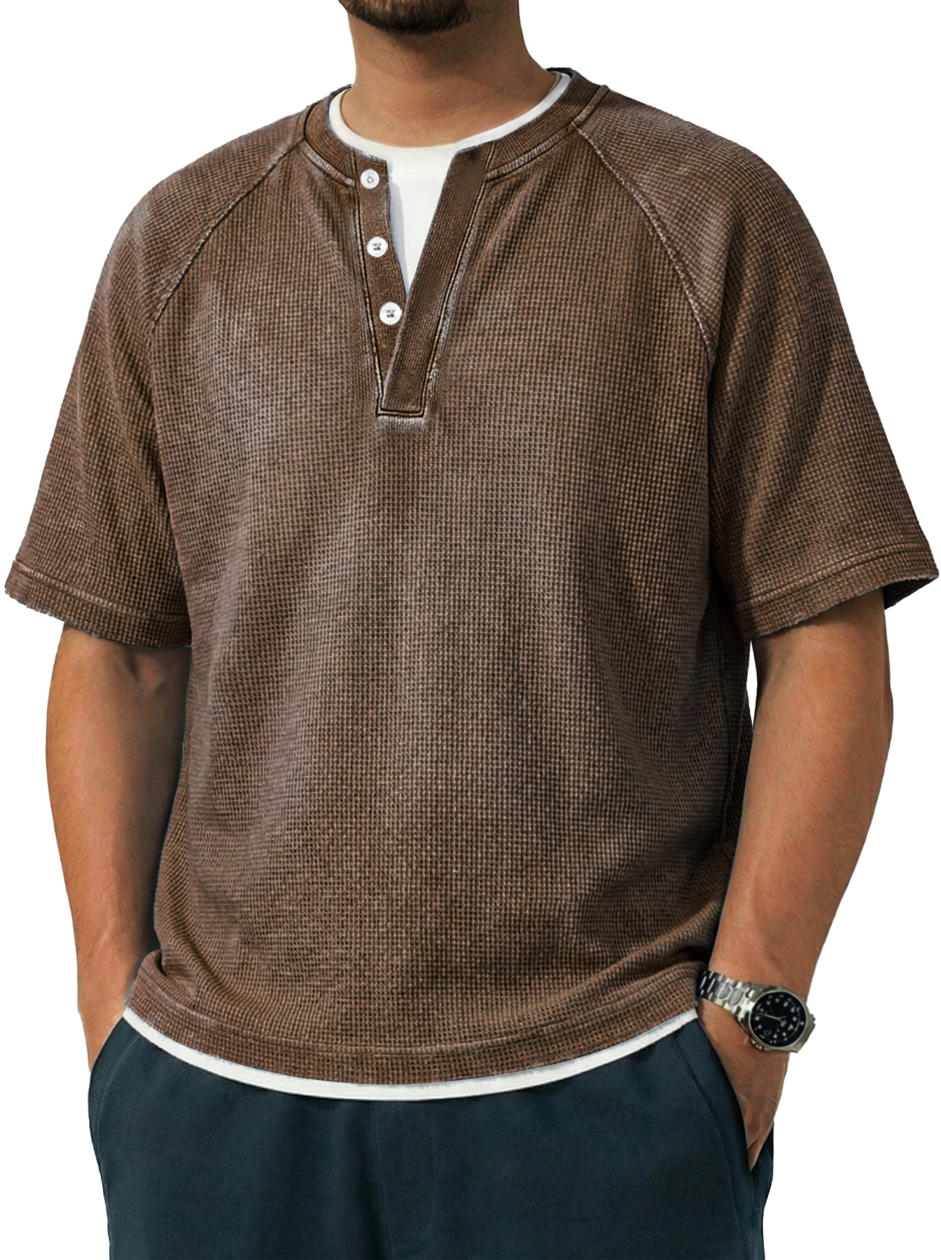 Men's Vintage Raglan Sleeve Pocket Casual Henley Shirt