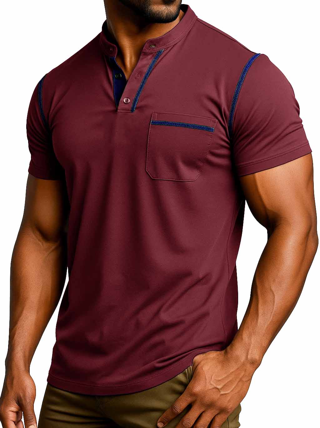 Men's Fashion Retro Outdoor Pure Cotton Patchwork Pocket Short-sleeved Henley Shirt