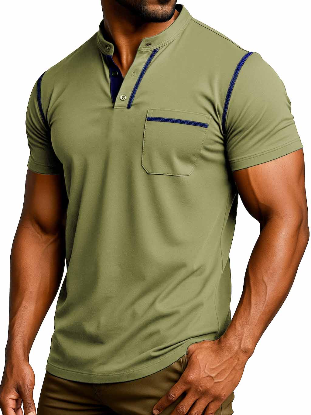 Men's Fashion Retro Outdoor Pure Cotton Patchwork Pocket Short-sleeved Henley Shirt