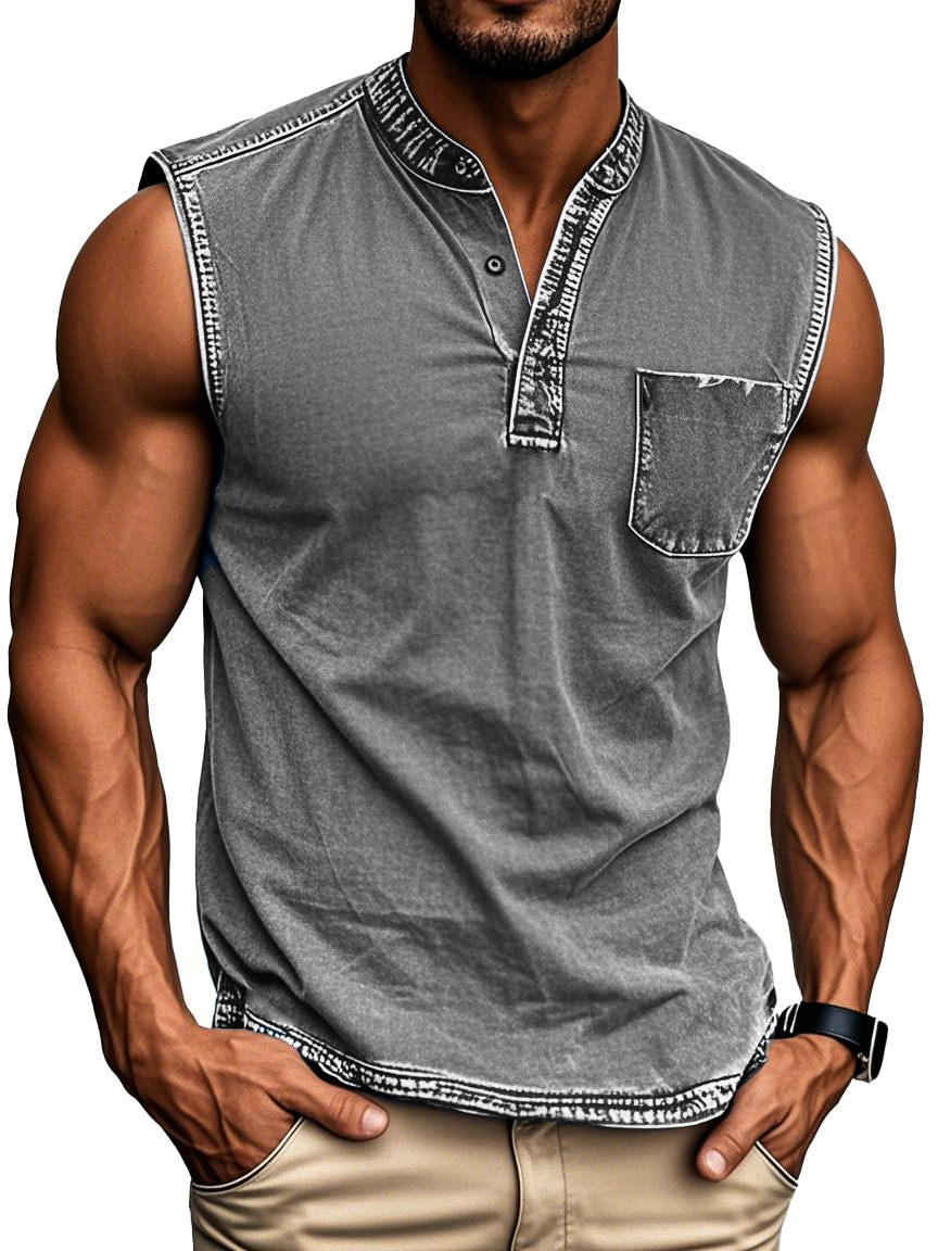 Men's Fashion Retro Distressed Stand-up Collar Pocket Sleeveless Henley Shirt