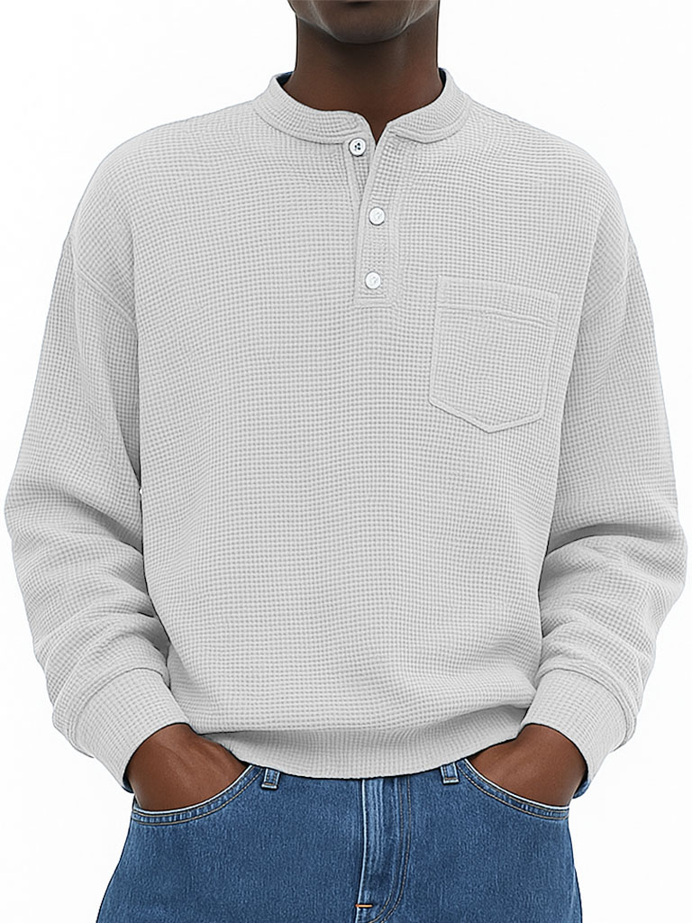Men's Wear Fashionable Casual Waffle Fabric Pockets Long-sleeved Henry Shirt