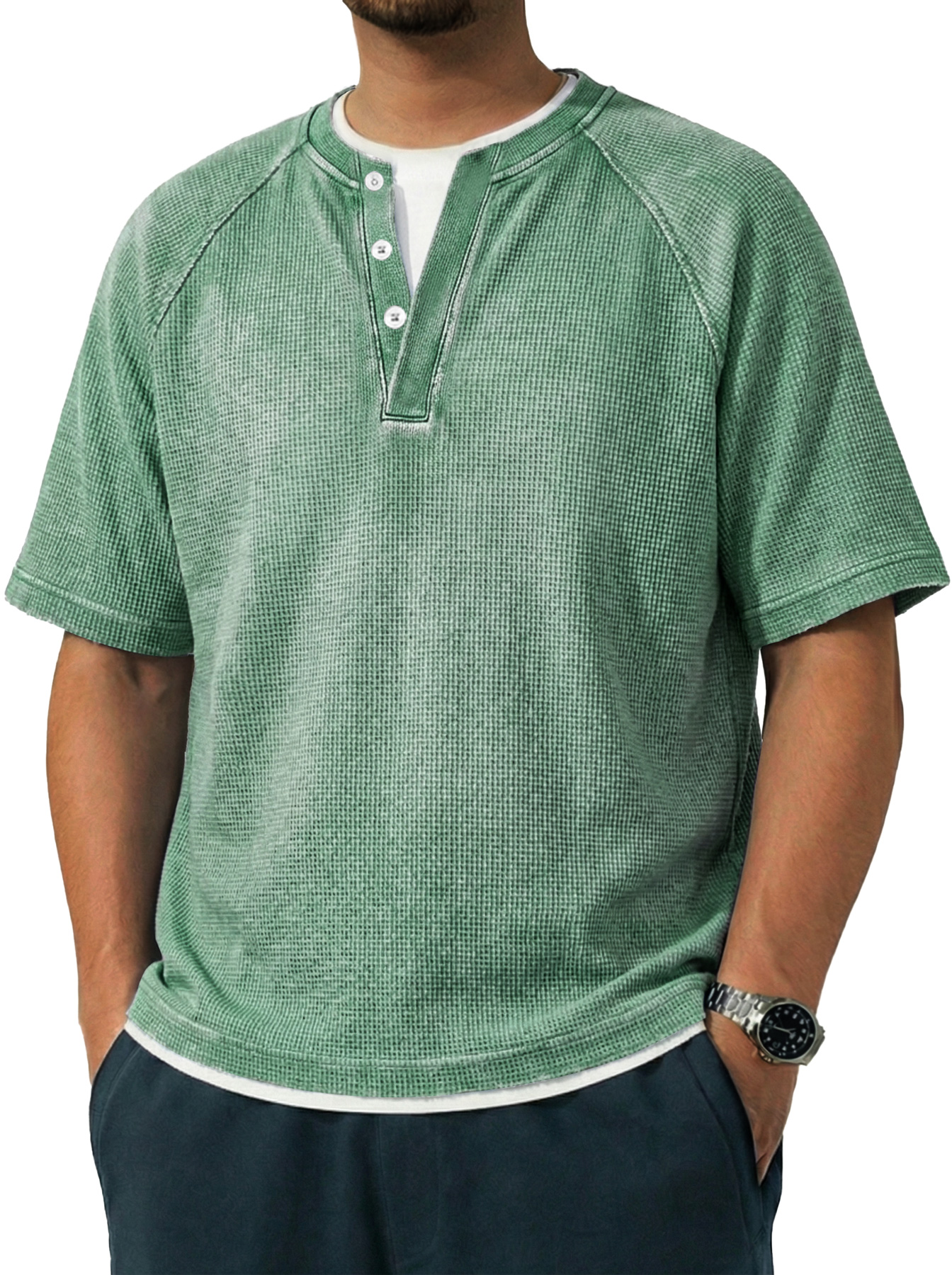 Men's Vintage Raglan Sleeve Pocket Casual Henley Shirt