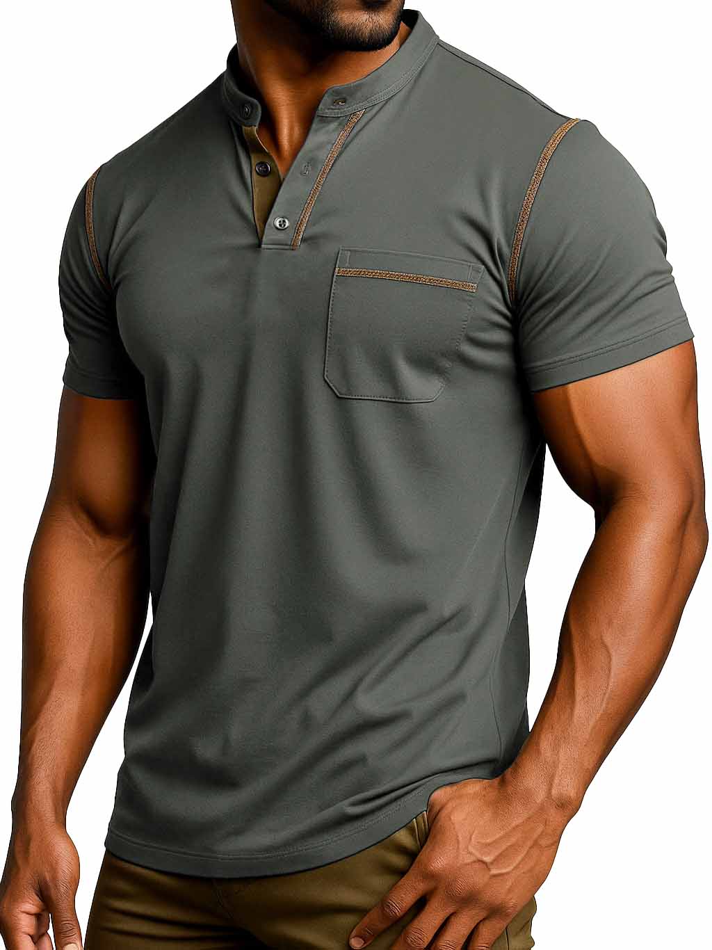 Men's Fashion Retro Outdoor Pure Cotton Patchwork Pocket Short-sleeved Henley Shirt