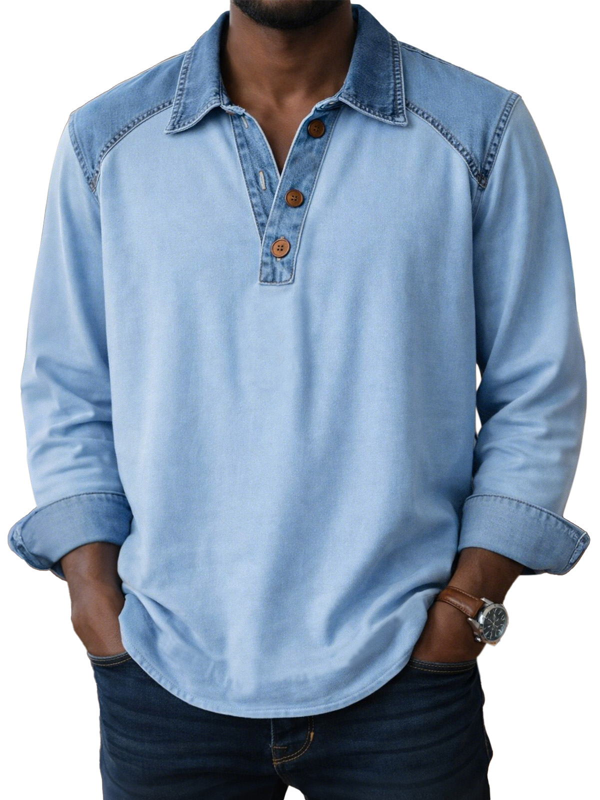 Men's Vintage Patch Button Long Sleeve Henley Shirt