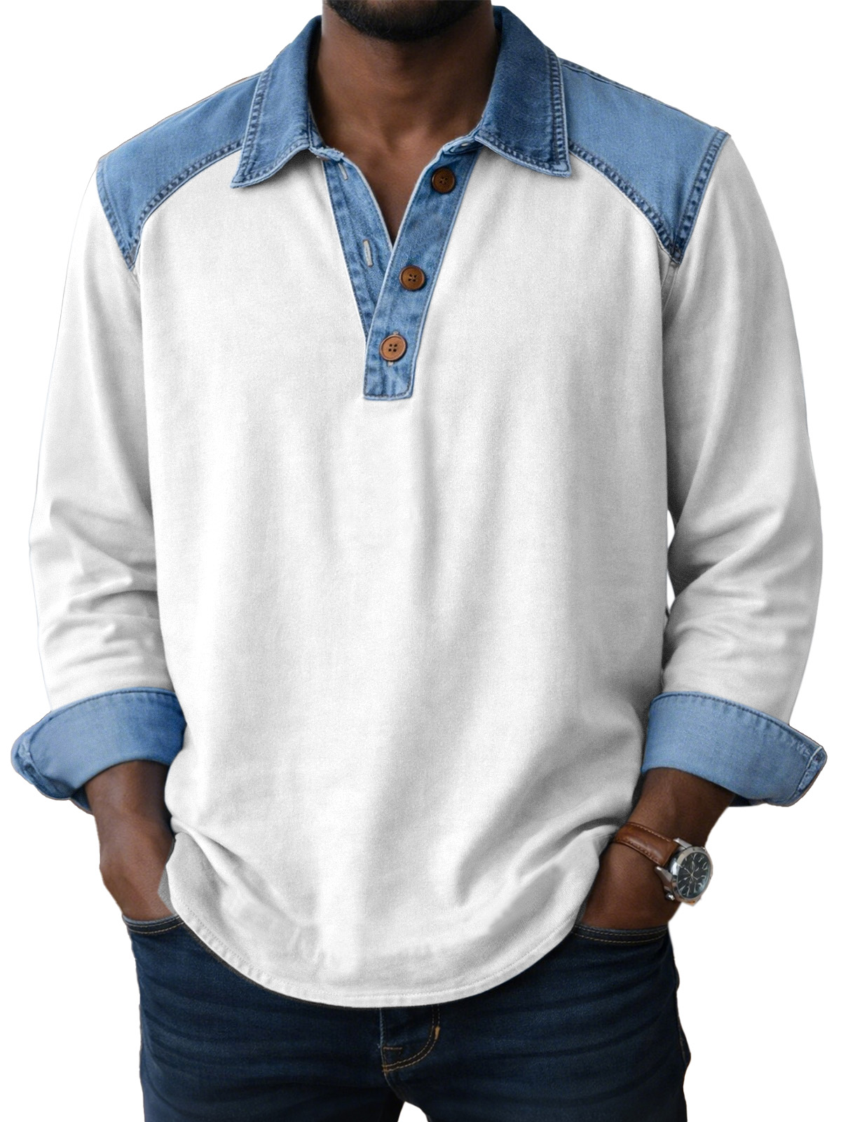 Men's Vintage Patch Button Long Sleeve Henley Shirt