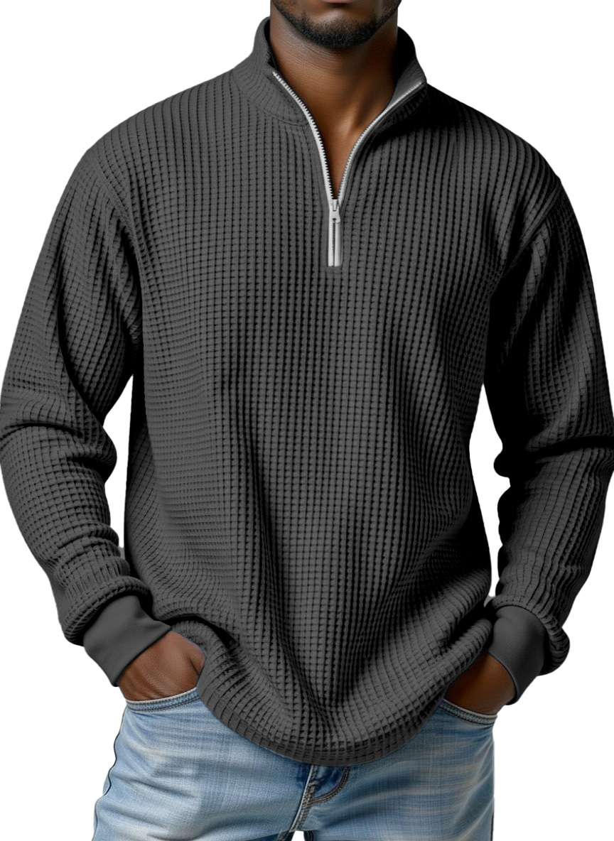 Men's simple basic waffle zipper stand collar long-sleeved POLO shirt