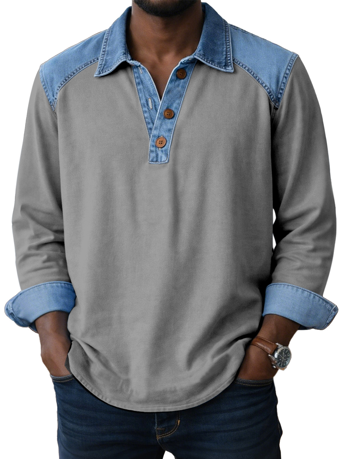 Men's Vintage Patch Button Long Sleeve Henley Shirt