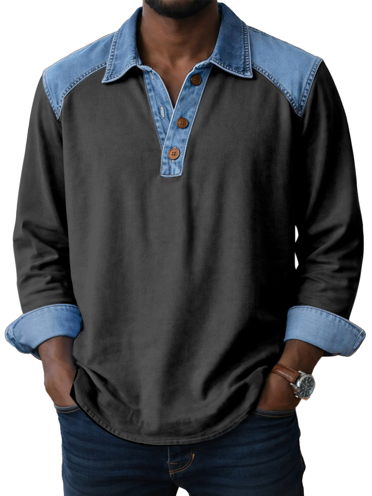Men's Vintage Patch Button Long Sleeve Henley Shirt