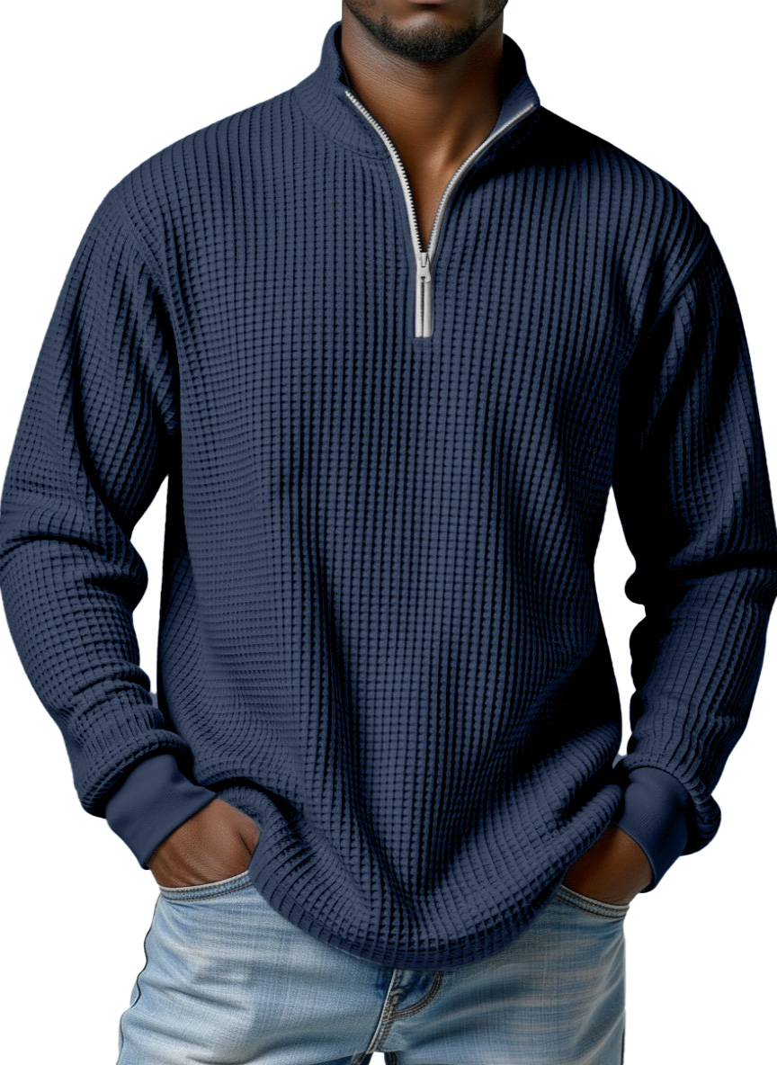 Men's simple basic waffle zipper stand collar long-sleeved POLO shirt
