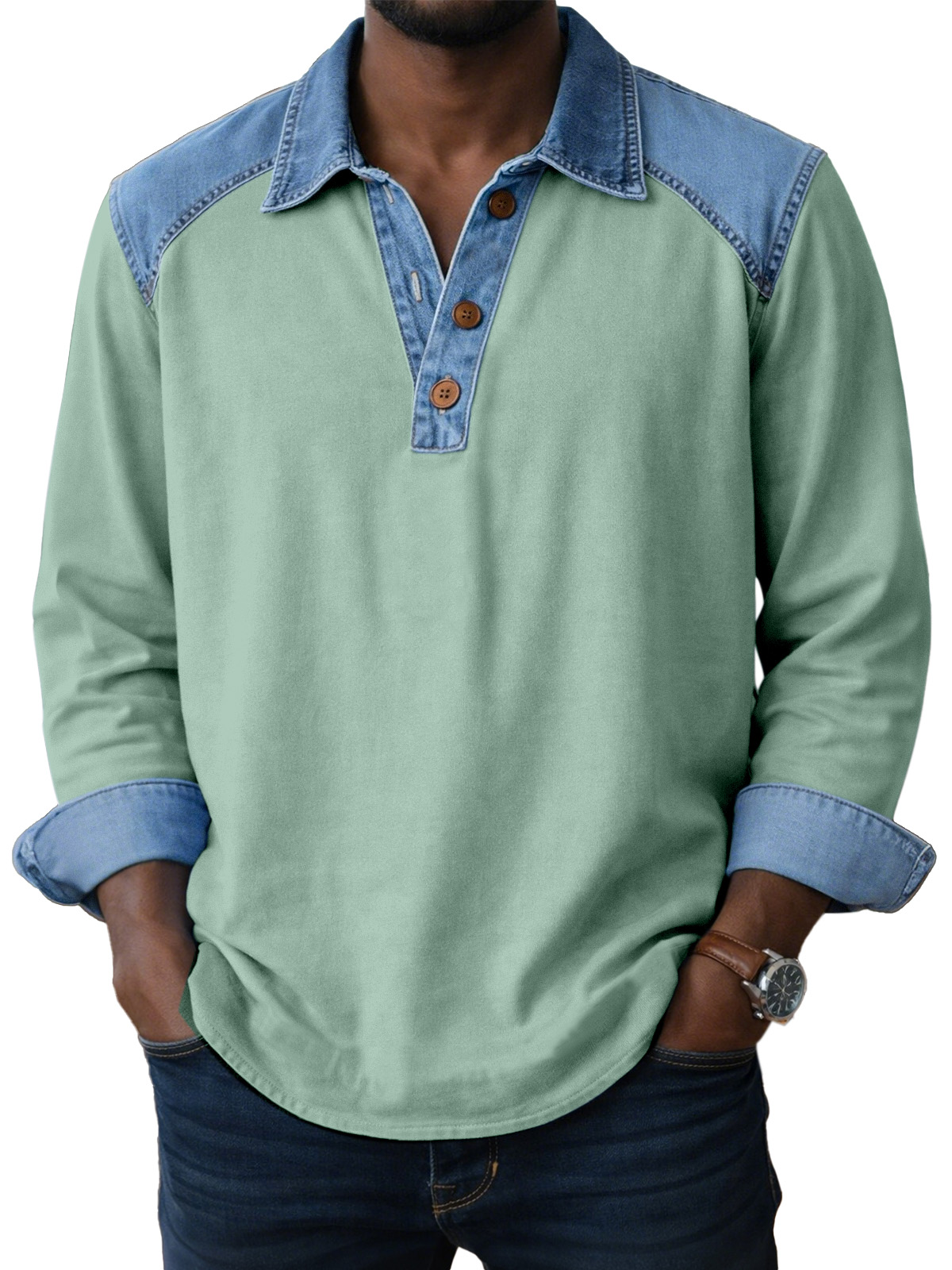 Men's Vintage Patch Button Long Sleeve Henley Shirt