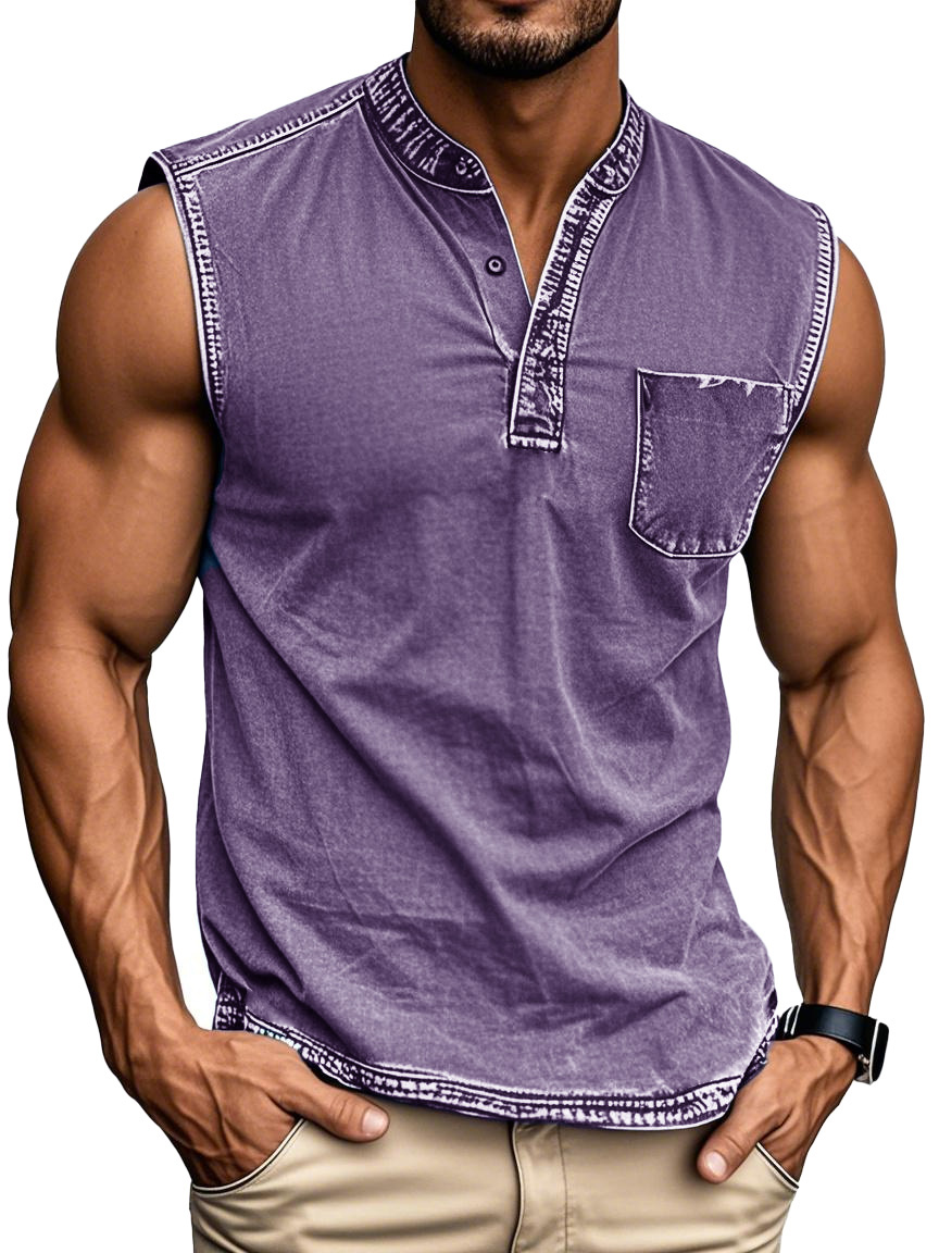 Men's Fashion Retro Distressed Stand-up Collar Pocket Sleeveless Henley Shirt