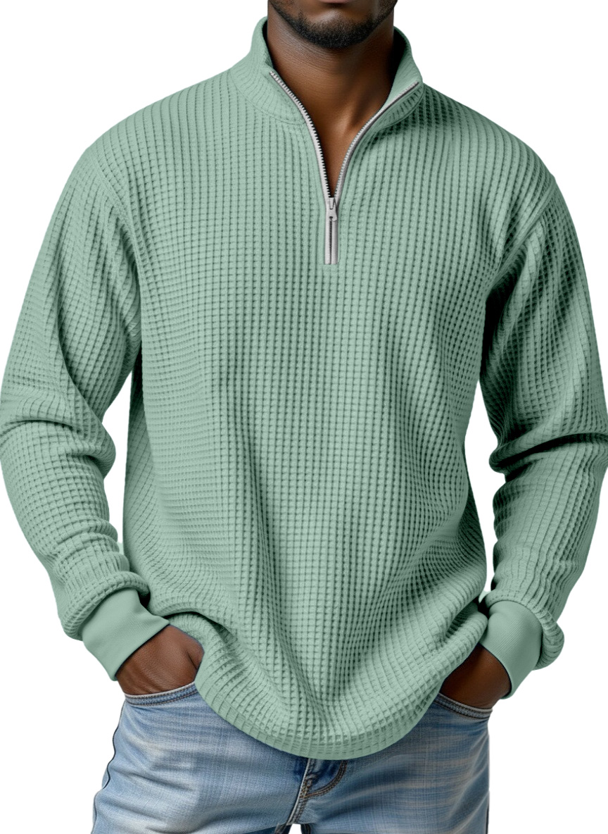 Men's simple basic waffle zipper stand collar long-sleeved POLO shirt
