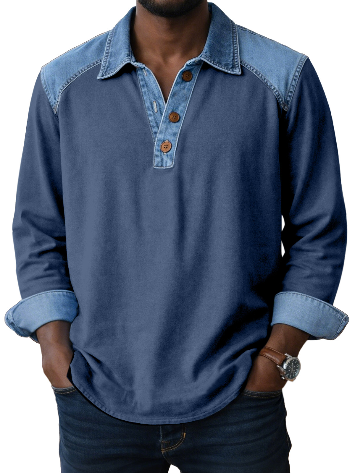 Men's Vintage Patch Button Long Sleeve Henley Shirt