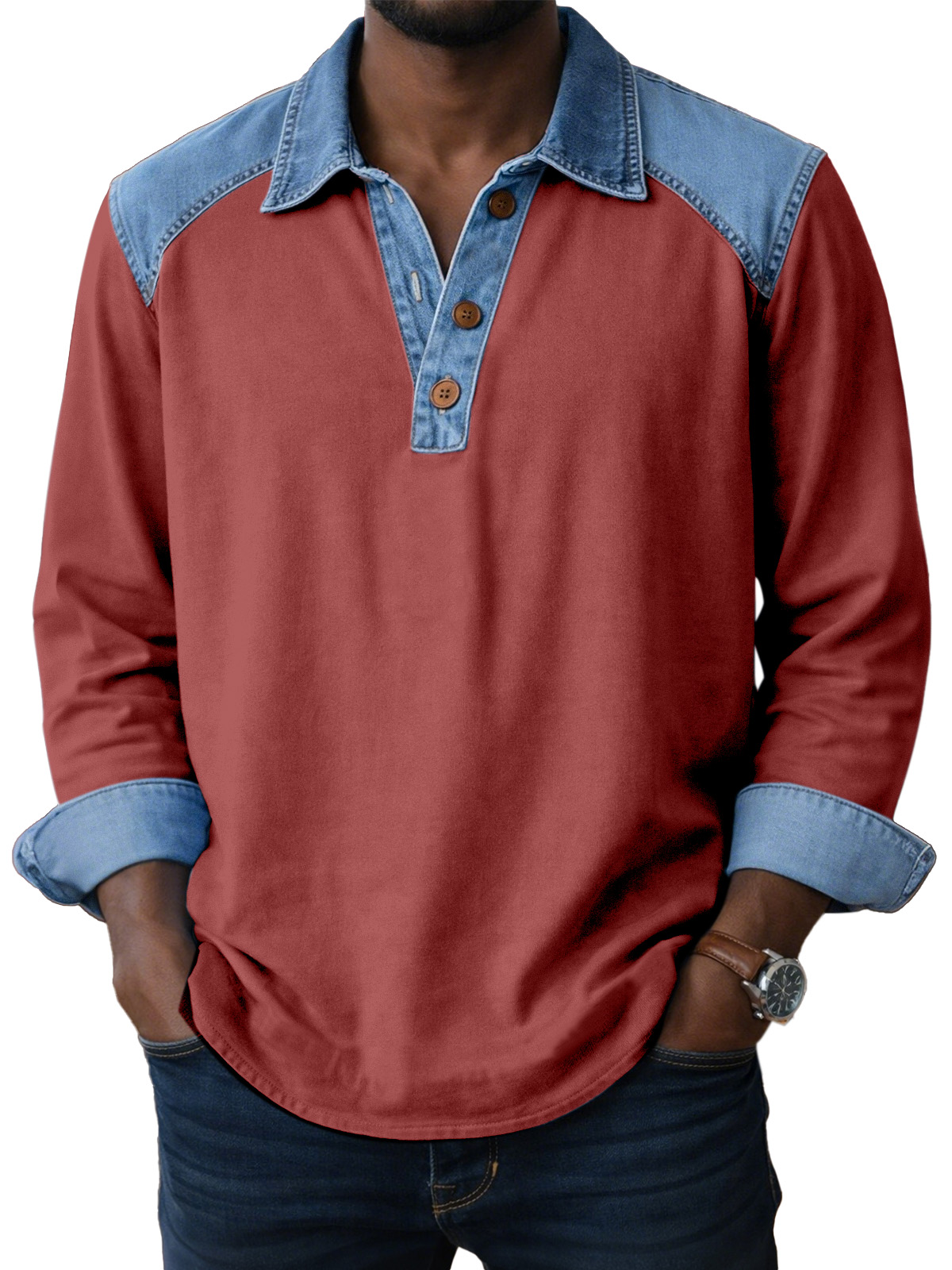Men's Vintage Patch Button Long Sleeve Henley Shirt