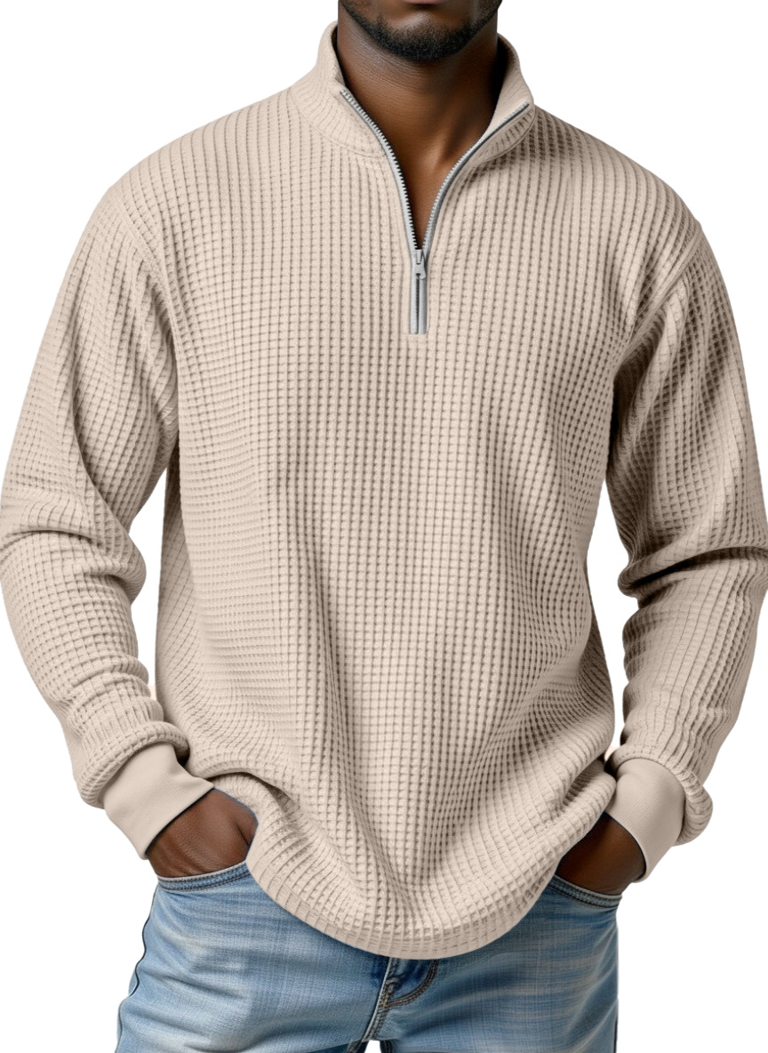 Men's simple basic waffle zipper stand collar long-sleeved POLO shirt