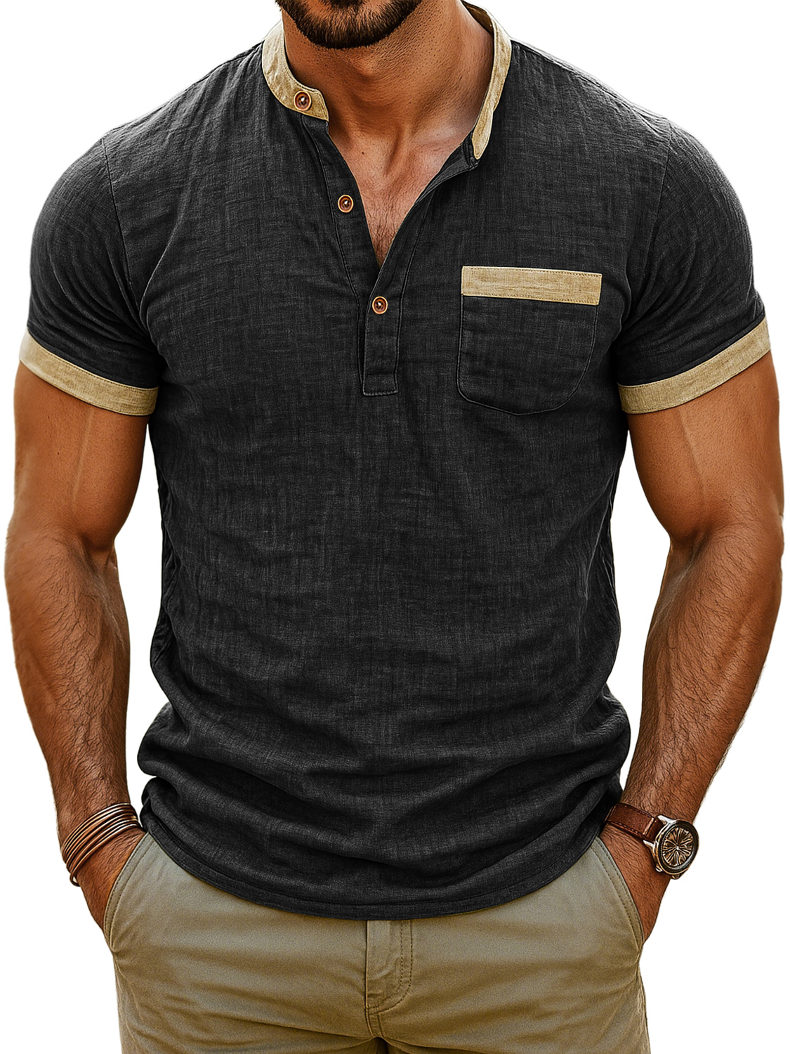 Men's Retro Stand Collar Colorblock Casual Short Sleeve Henley Shirt