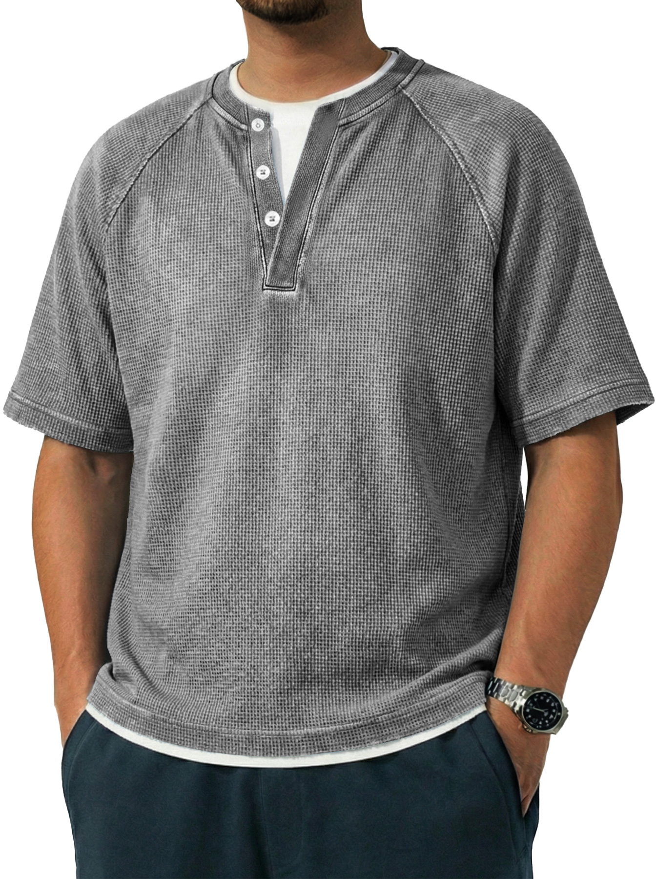 Men's Vintage Raglan Sleeve Pocket Casual Henley Shirt