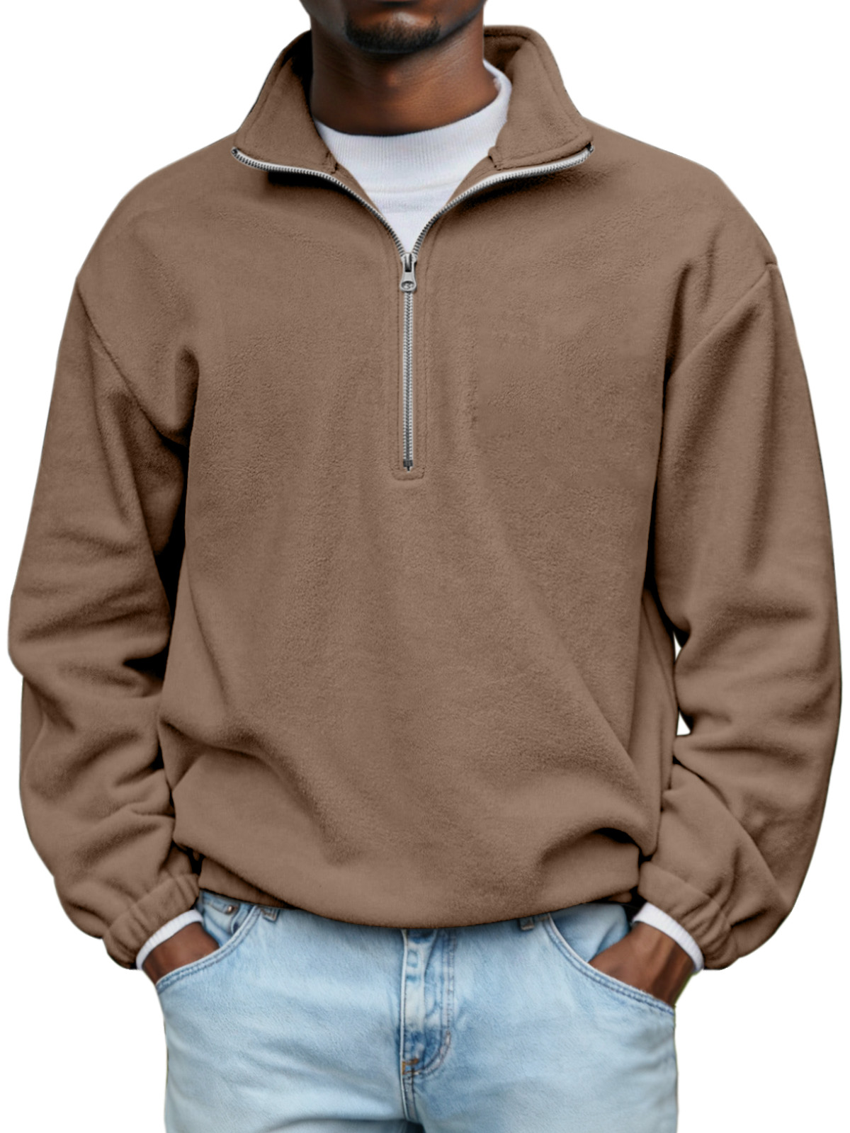Men's Simple And Comfortable Soft Plush Zipper Stand Collar Sweater