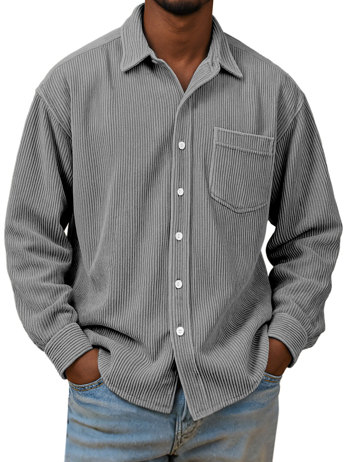 Men's Casual Simple Solid Color Corduroy Long Sleeve Shirt