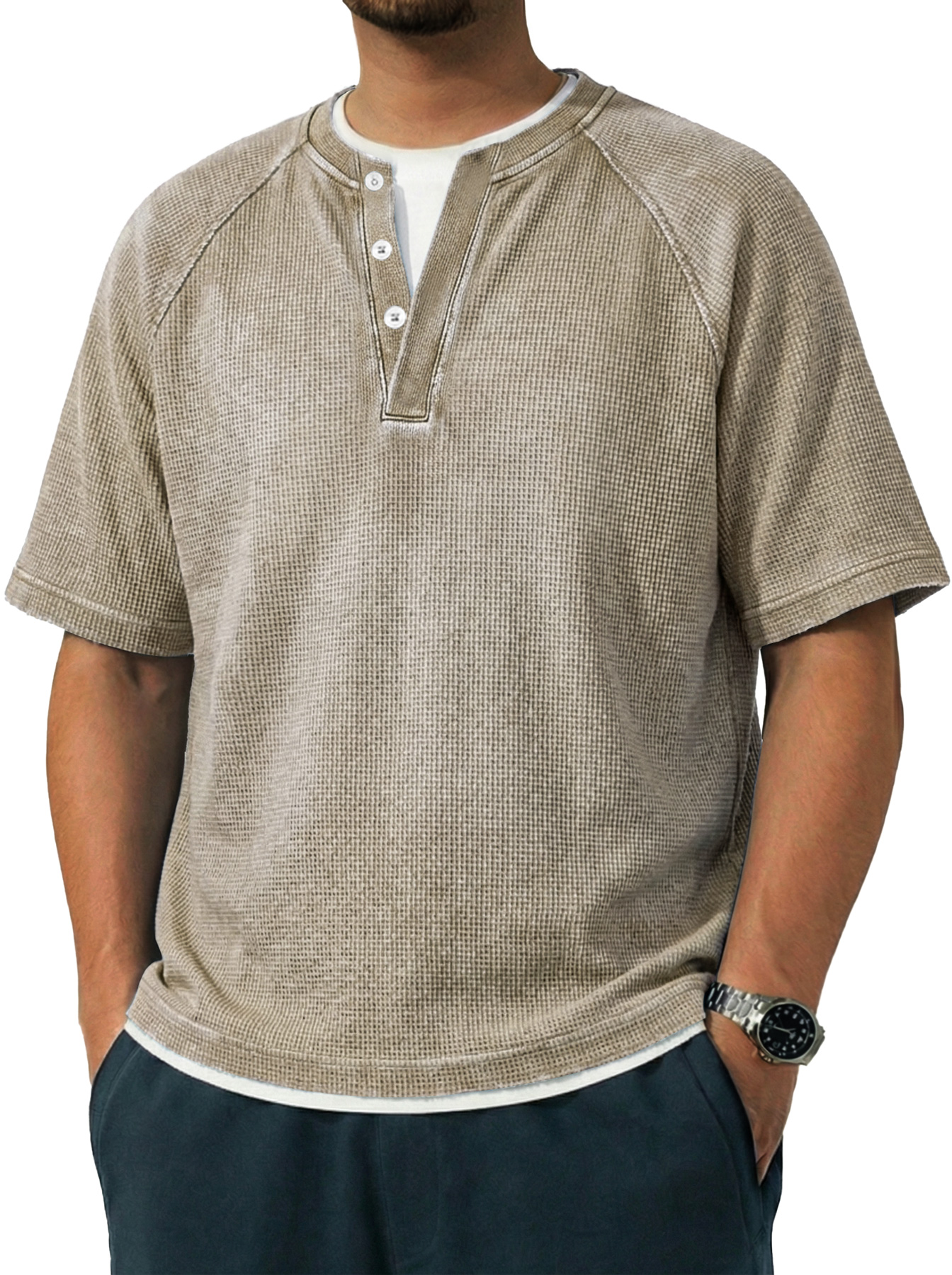 Men's Vintage Raglan Sleeve Pocket Casual Henley Shirt