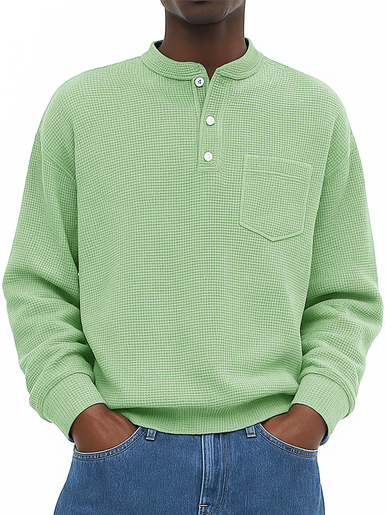 Men's Wear Fashionable Casual Waffle Fabric Pockets Long-sleeved Henry Shirt