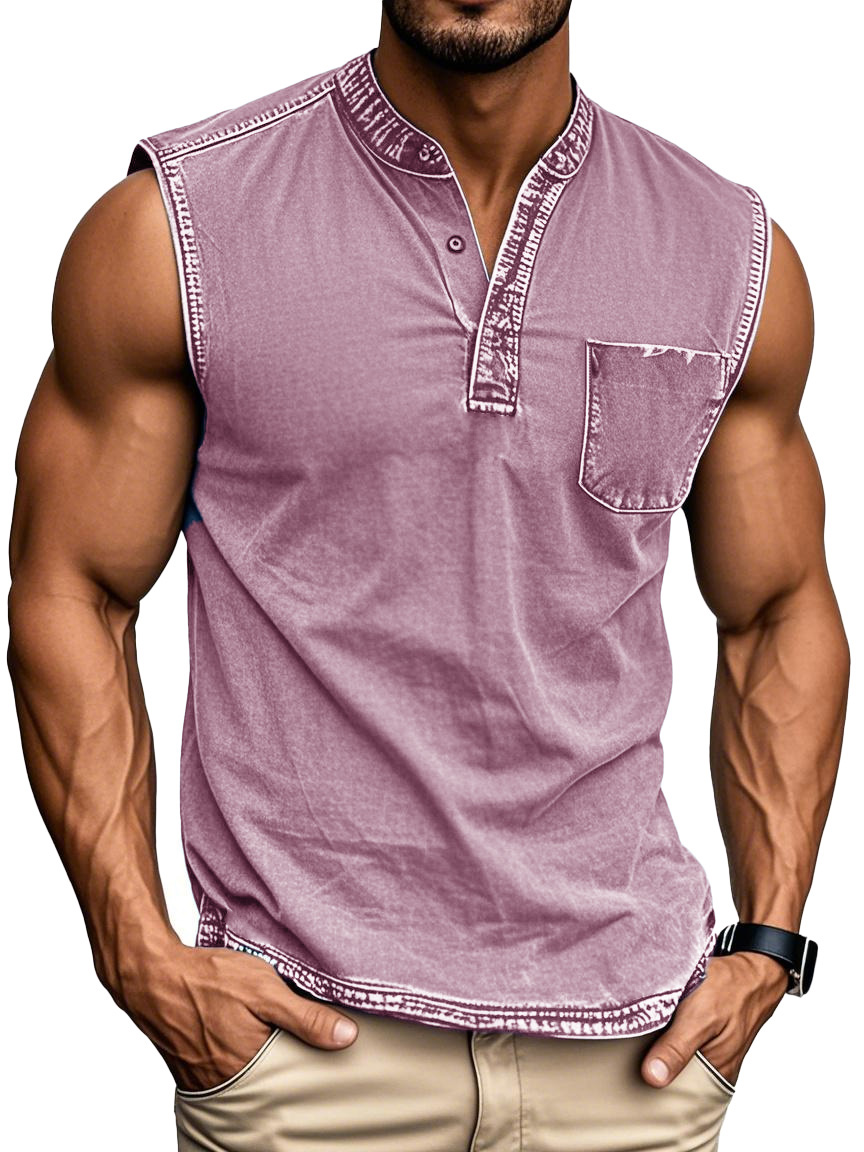 Men's Fashion Retro Distressed Stand-up Collar Pocket Sleeveless Henley Shirt