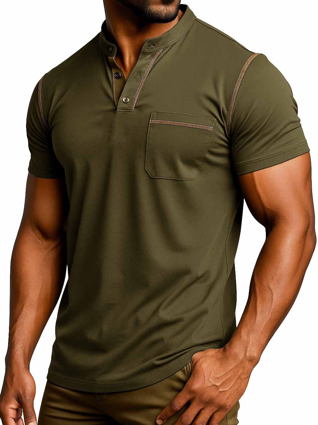 Men's Fashion Retro Outdoor Pure Cotton Patchwork Pocket Short-sleeved Henley Shirt