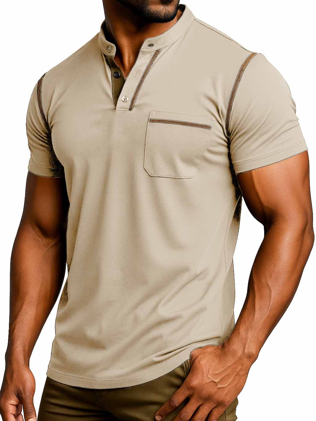 Men's Fashion Retro Outdoor Pure Cotton Patchwork Pocket Short-sleeved Henley Shirt