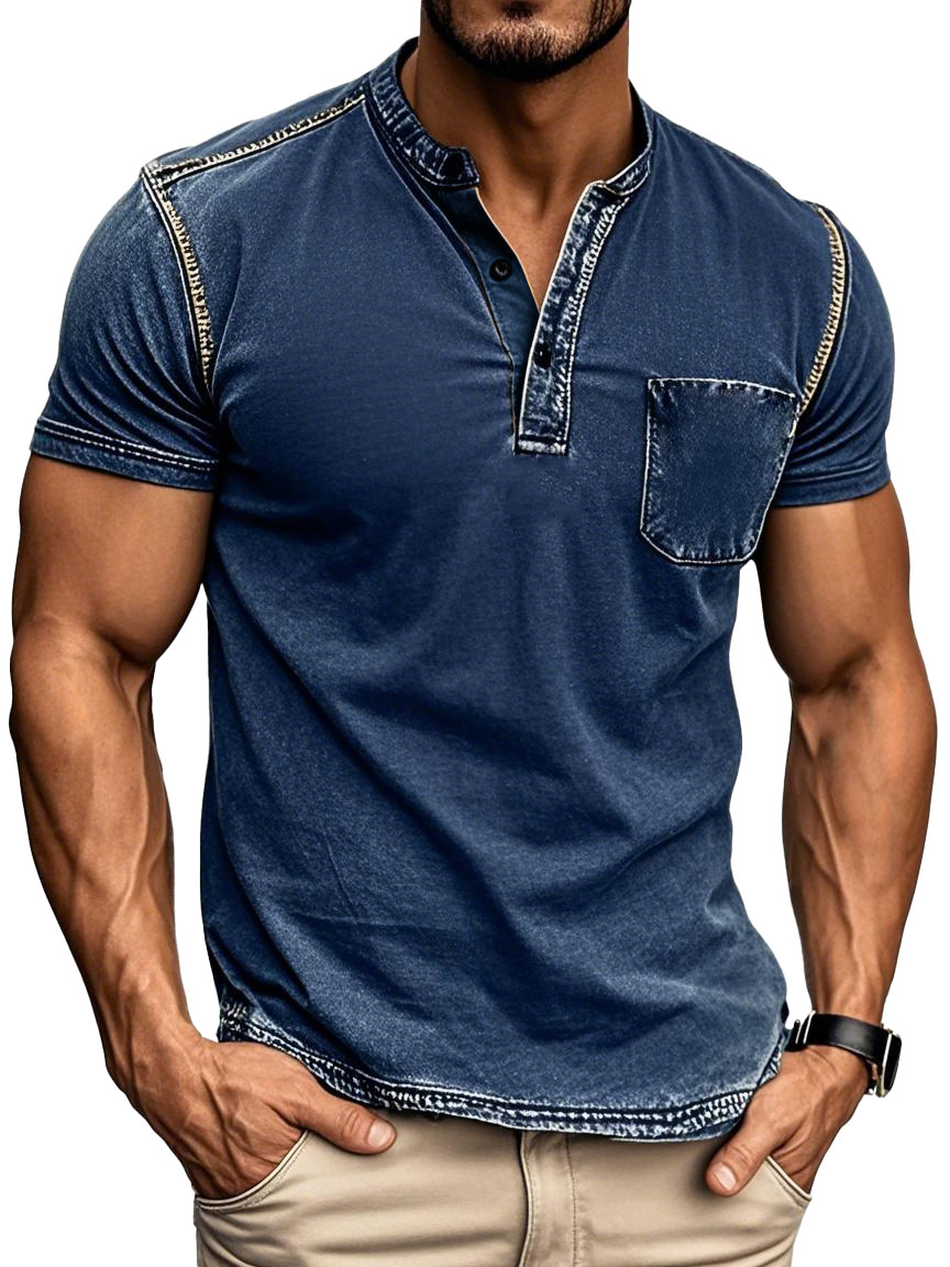 Men's Fashion Retro Distressed Short-sleeved Henley Shirt 