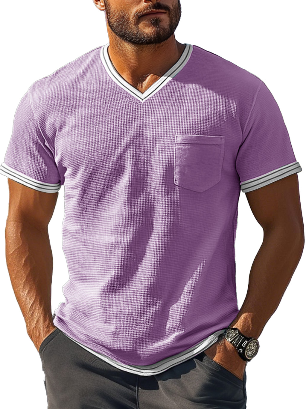 Men's Fashion Retro Patchwork Textured Fabric V-neck Short-sleeved T-shirt 